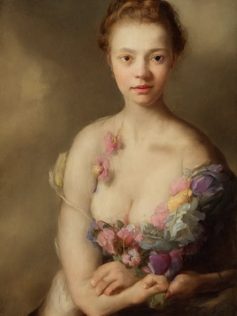 Image similar to realistic painted portrait of a beautiful young lady in the style of rachel ruysch, natural window lighting, oil painting, old masters, bared shoulders, beauty portrait,