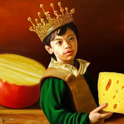 Image similar to a highly detailed oil painting of an 8 year old king ruling a cheese kingdom where everything is made from different types of cheese, surreal, 4 k, trending on art station, in the style of caravaggio and comic book style