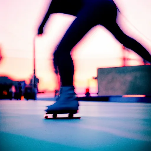 Prompt: a roller skater in a cinematic closeup. in santa monica at blue hour. canon eos c 3 0 0, ƒ 1. 8, 3 5 mm. 8 k. medium - format print. inspired by roger deakins cinematography