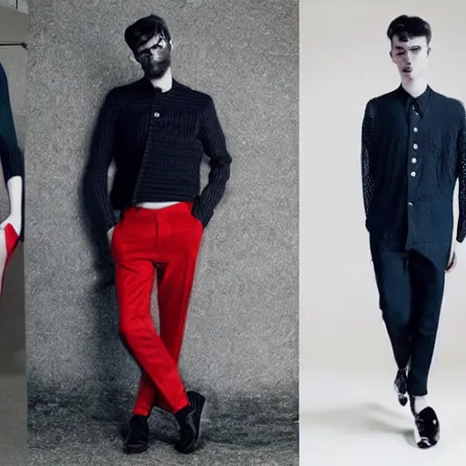 Prompt: late modernist game fashionwear, casual affordable clothing, the birth of postmodernism, exterior full lookbook