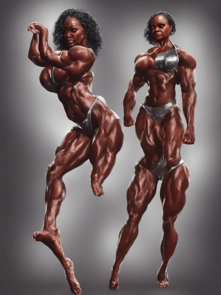 Prompt: “Full-body portrait of a Black female bodybuilder wearing a silver thong bikini. Photorealistic. Oil on canvas, octane render. In the style of Karol Bak and Ralph Bakshi.”