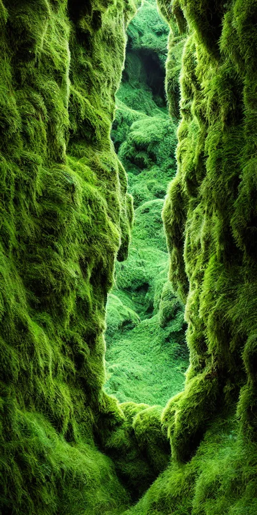 Image similar to dream looking through, a hyper realistic photograph fertile, lush mossy ferns canyon, ferns, minimalist structure, misty, raining, icelandic valley, in the style of reuben wu, roger deakins