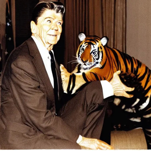 Image similar to [ ronald reagan sitting in chair with a tiger lying at his feet ]