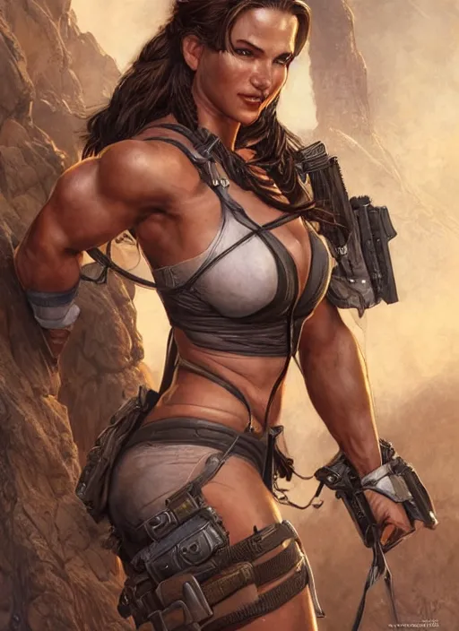 Image similar to muscled Lara Croft grinning as a ruggedly handsome heroine, intricate, elegant, highly detailed, centered, artstation, concept art, smooth, sharp focus, illustration, bokeh art by artgerm and donato giancola and Joseph Christian Leyendecker, WLOP