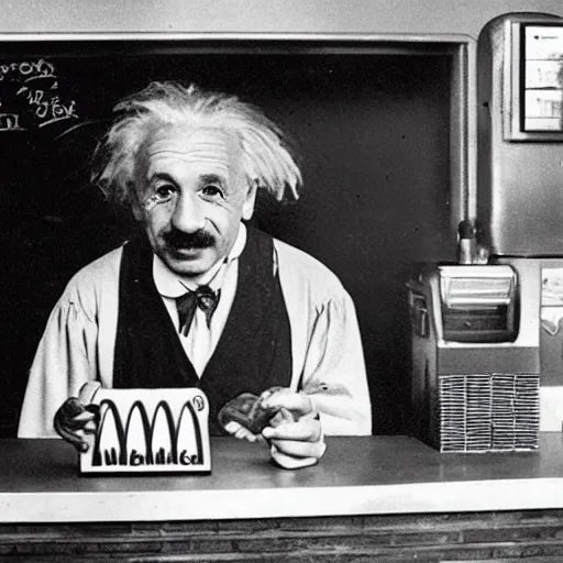 Image similar to vintage photo of albert einstein working at mcdonalds, circa 1 6 0 0, award - winning shot