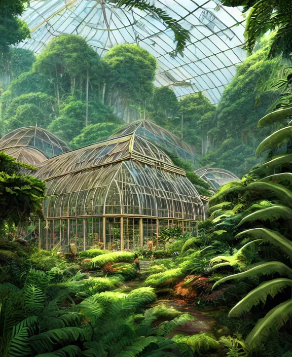 Image similar to an enormous conservatory greenhouse exterior, overgrown with exotic fungus, overgrown with huge ferns, cliff side, noon, sun drenched, partly cloudy, by dan mumford, yusuke murata, makoto shinkai, ross tran, cinematic, unreal engine, cel shaded, featured on artstation, pixiv