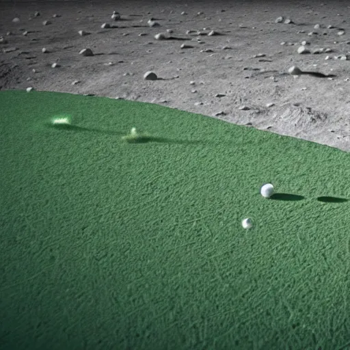 Image similar to a photo of a green soccer pitch on the moon, extreme long shot, photorealistic