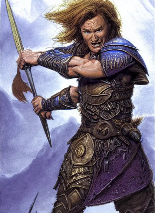 Image similar to illustration of conan o'brien as a dnd paladin with short blonde hair and big muscles, casting a protection spell, by john howe, james gurney