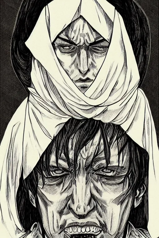 Image similar to portrait of Daniel Trejo in costume of church nun, intricate, highly detailed, artstation, manga illustration by Kentaro Miura