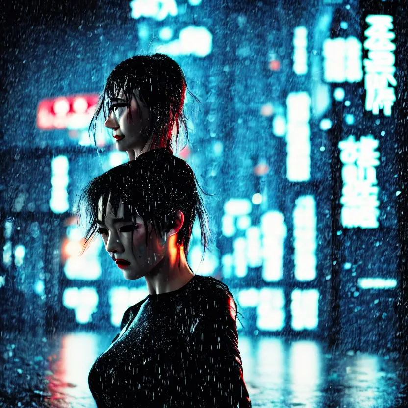 Image similar to a photo close up cyberpunk woman dancing in the rain, cyberpunk hiroshima, prefecture streets, midnight, photorealistic, cinematic lighting, highly detailed, bokeh, style by tomino - sama