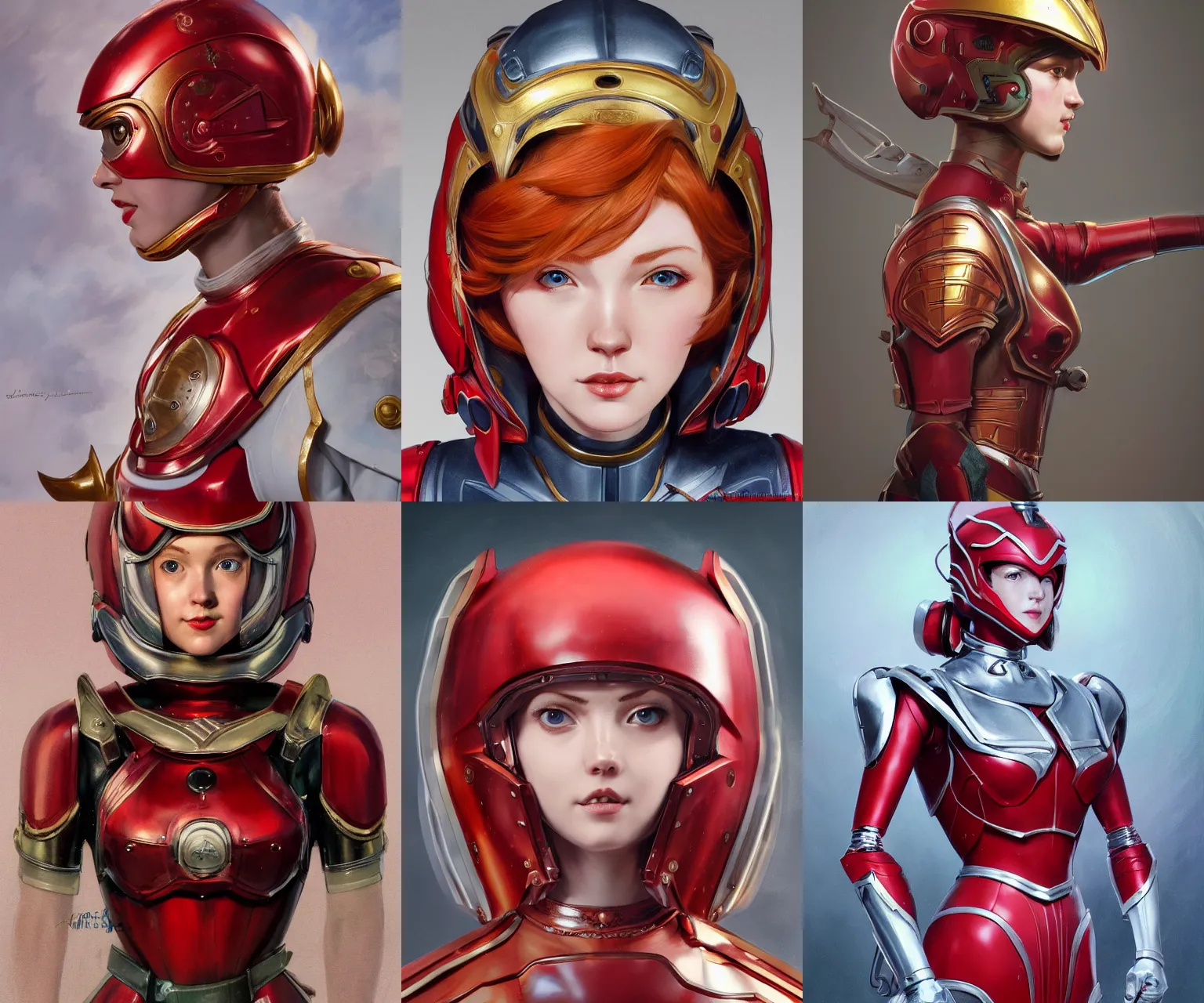 Prompt: highly detailed full body character portrait helmet magical red head girl tokusatsu suit concept painting with detailed face by j. c. leyendecker and edmund blair, octane render, 8 k, high quality, award winning masterpiece, hdr,