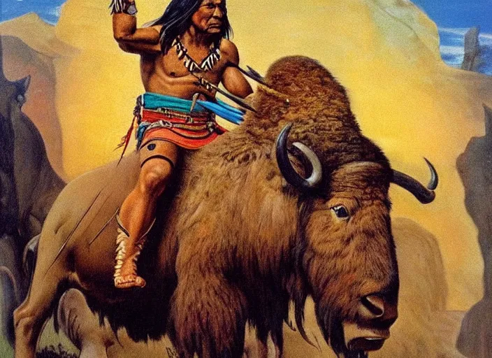 Image similar to powerful native american warrior!! beautiful native american sitting on bison, buffalo, painted by frank frazetta