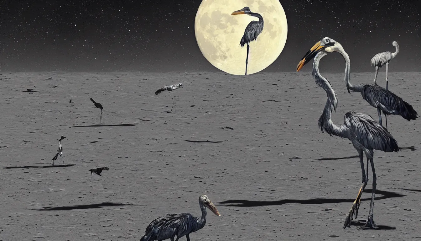 Image similar to a shoebill stork taking a bath on the surface of the moon, with some alien lizards in the background watching