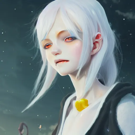 Image similar to a pale demoness with white hair, yellow eyes and horns wearing sweater and overalls on top. highly detailed, digital painting, artstation, matte, by makoto shinkai, animation style