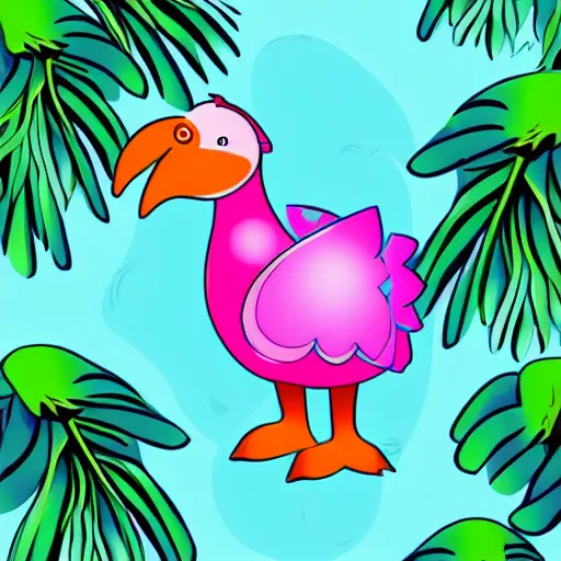 Image similar to cute digital illustration of an antropomorphic dodo bird. super cute. tropical. colorful.
