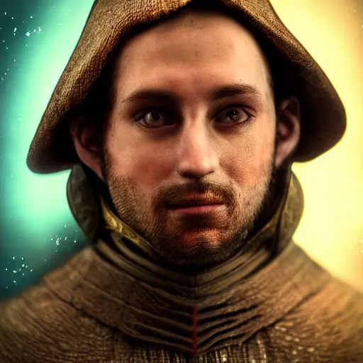 Prompt: realistic photo portrait of a man, wearing renaissance clothes, star wars character, volumetric lights, trending on artstation, studio photo, intricate details, highly detailed