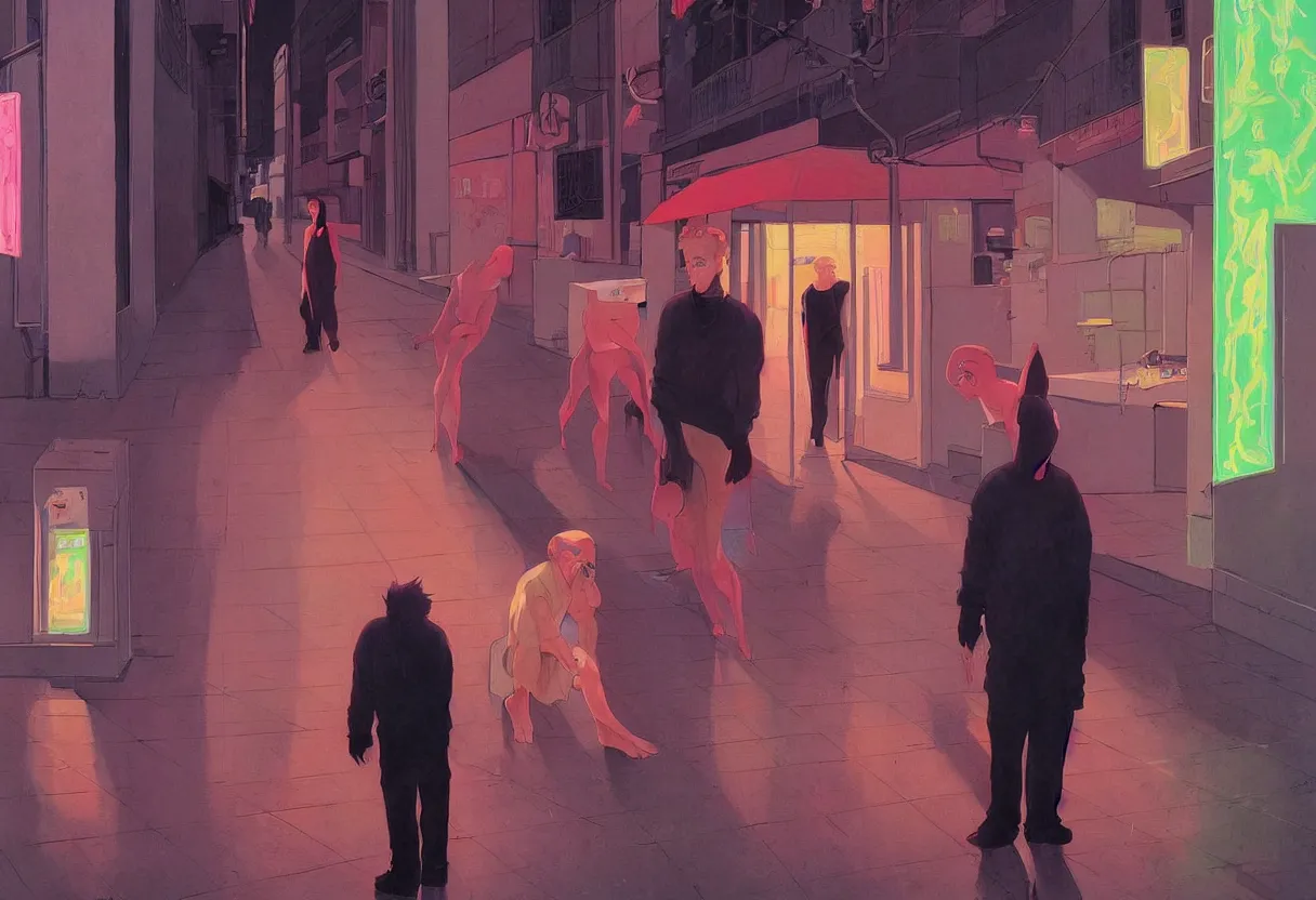 Prompt: sad and heartbreaking painting of todd solondz asking for help in the empty streets of tel aviv, vivid colors, neon, art by ( ( ( kuvshinov ilya ) ) ) and wayne barlowe and francis bacon and artgerm and wlop and william - adolphe bouguereau