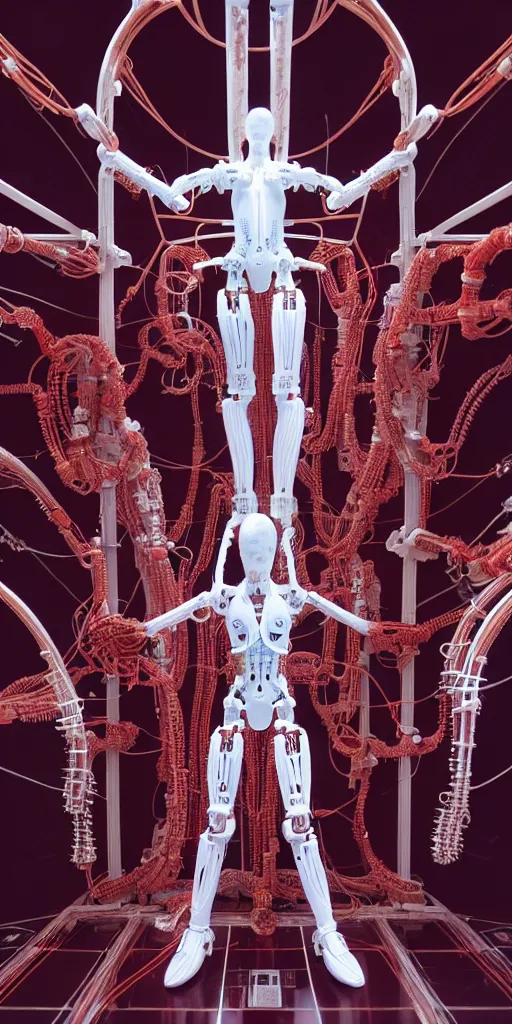 Image similar to high detailed white space station interior a statue jesus on cross made of red marble, perfect symmetrical body, full body shot, inflateble shapes, wires, tubes, veins, jellyfish, white biomechanical details, wearing epic bionic cyborg implants, masterpiece, intricate, biopunk, vogue, highly detailed, artstation, concept art, cyberpunk, octane render