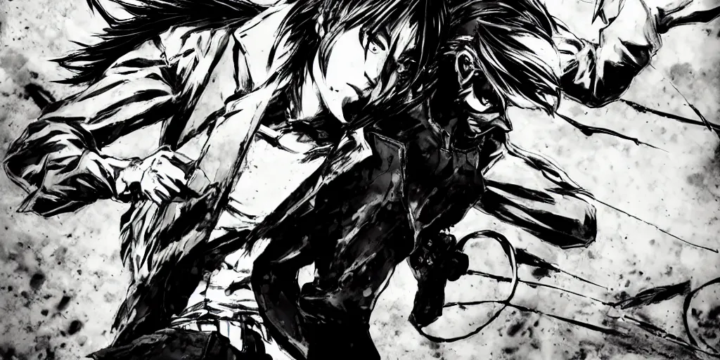 Image similar to a full - body portrait of denji from chainsaw man, in yoji shinkawa's art style, in a graveyard as a background, metal gear solid art style, manga, highly detailed, 4 k, artistic, b & w