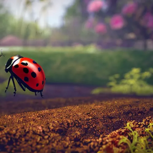 Prompt: A ladybug in the foreground with a blurry abandoned garden in background, intricate details, unreal engine, cinematic, hd