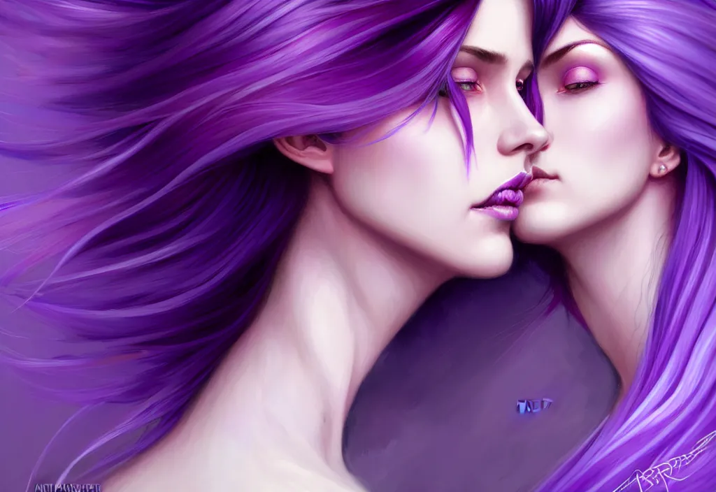 Image similar to Purple hair relistic Portrait of a two woman with bright colored flying hair, all shades of purple. Beauty face, Hair coloring, fantasy, intricate, elegant, highly detailed, digital painting, artstation, concept art, smooth, sharp focus, illustration, art by artgerm and greg rutkowski and alphonse mucha