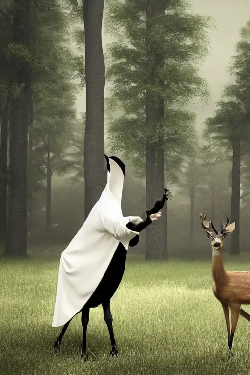 Image similar to a deer wearing a white formal coat conversing with a crow wearing a red formal coat, hyperrealistic, concept art, octane render, unreal engine 5, trending on DeviantArt, highly detailed, high quality, 8K, soft lighting, cute, natural lighting, realistic face, trending on Artstation, elegant clothes, profile picture, path traced, house background