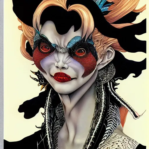 Image similar to portrait closeup of crazy cruella de vil, symmetrical, by yoichi hatakenaka, masamune shirow, josan gonzales and dan mumford, ayami kojima, takato yamamoto, barclay shaw, karol bak, yukito kishiro