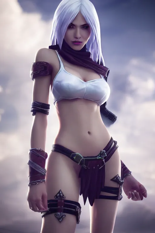 Image similar to Katarina from League of Legends, photorealistic full body, unreal engine 5, hyperrealistic, white ambient background, highly detailed, realistic