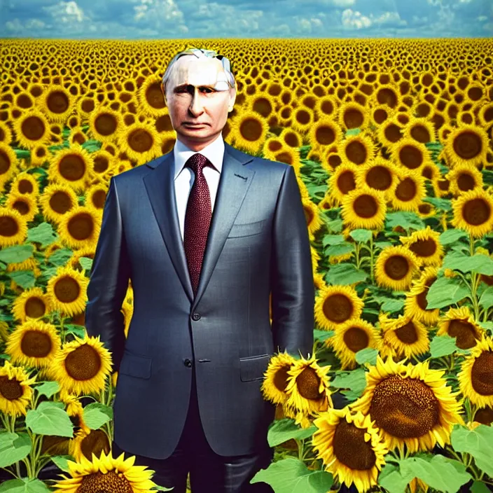 Image similar to photo portrait of Vladimir Putin in sunflower field, dressed in shirt with ornamental ethereal sunflower pattern, natural skin tone, explosion and fire in the background, elegant, Realistic, Refined, Highly Detailed, natural soft pastel lighting colors scheme, fine art photography by Cecil Beaton, volumetric lighting, hyper realistic photography