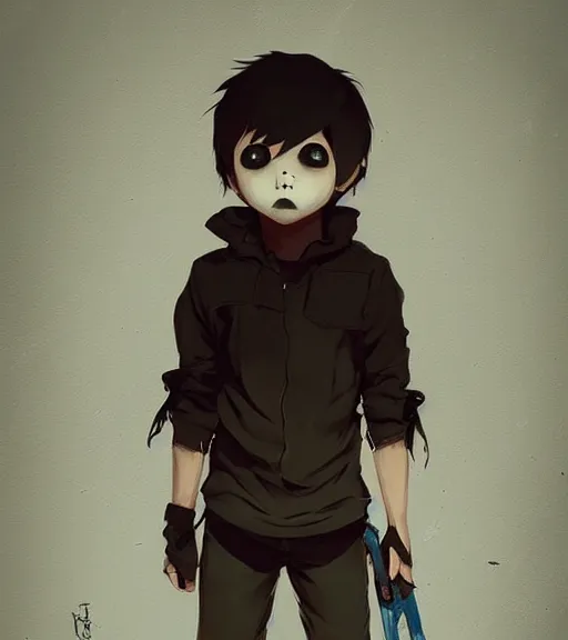 Image similar to beautiful little boy anime character inspired by jason voorhees, art by rossdraws, wlop, ilya kuvshinov, artgem lau, sakimichan and makoto shinkai, concept art, anatomically correct, extremely coherent, realistic, mask, smooth, hd, 8 0 s haircut