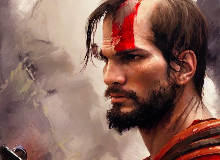 Image similar to a highly detailed beautiful portrait of ashton kutcher as kratos, by gregory manchess, james gurney, james jean