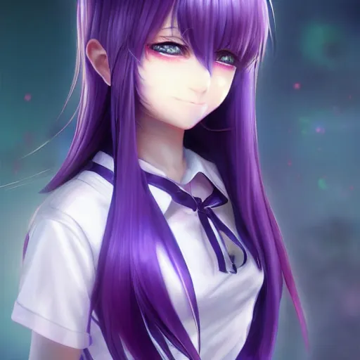 Prompt: 3D advanced digital art, a very cute anime girl wearing a high school outfit+ full body, very long violet hair, purple eye, eyepatch on right eye, full round face :: cinematic lighting, mid-shot, highly intricately detailed, trending on pixiv :: Steven Artgerm Lau, WLOP, RossDraws, RuanJia, James Jean, Andrei Riabovitchev, Totorrl, Marc Simonetti, Visual Key, and Sakimichan