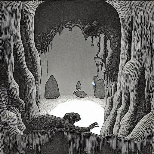 Prompt: limbo, sulfur, cavern, photorealism, 4 k, highly detailed, by maurice sendak, edward gorey, charles addams,