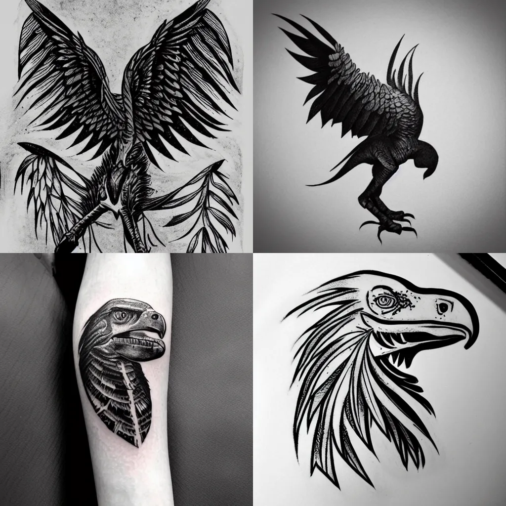 Prompt: tattoo design of avelociraptor in black and white illustration