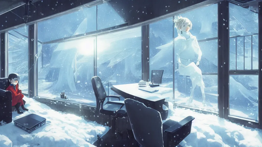 Prompt: interior of a frozen home office, snow drifts everywhere and icicles hanging from the ceiling, dynamic shadows, dynamic lighting, dynamic colors, ilya kuvshinov, kyoani, hiroaki samura, yoshinari yoh, james jean, katsuhiro otomo, erik jones, cel shaded, anime poster