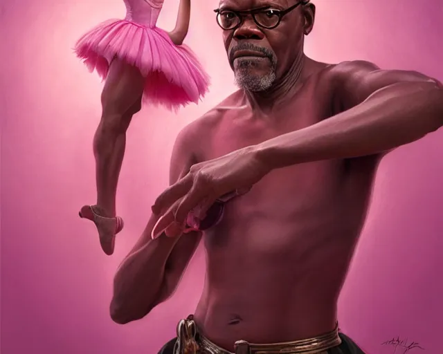 Image similar to photography of samuel l jackson in a pink ballerina outfit, deep focus, d & d and mtg, fantasy, intricate, elegant, highly detailed, digital painting, artstation, concept art, matte, sharp focus, illustration, hearthstone, art by artgerm and greg rutkowski and alphonse mucha