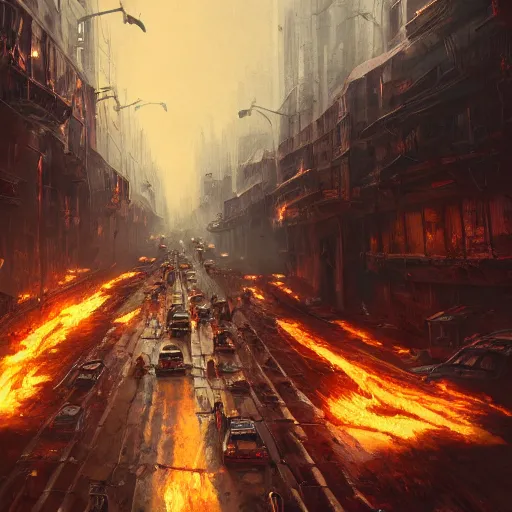 Image similar to apocalyptic city street, cars on fire highly detailed, illustration, fantasy art, in the style of greg rutkowski, epic, fantasy, intricate, hyper detailed, artstation, concept art, smooth, sharp focus, ray tracing