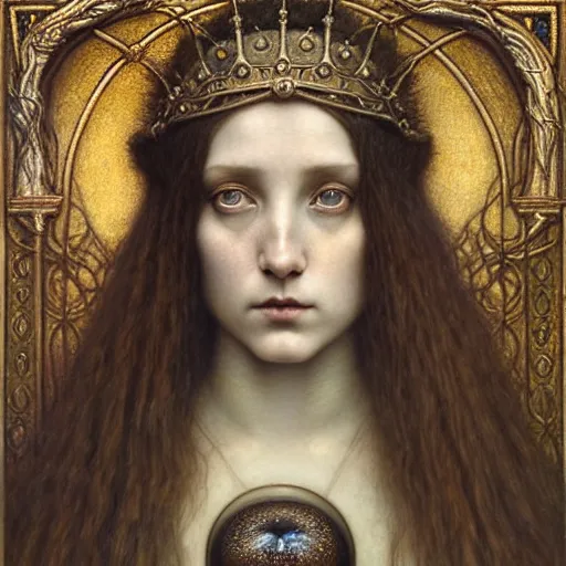 Prompt: detailed realistic beautiful young medieval queen face portrait by jean delville, tom bagshaw, brooke shaden, gustave dore and marco mazzoni, art nouveau, symbolist, visionary, gothic, pre - raphaelite, ornate gilded medieval icon, surreality, ethereal, unearthly, haunting, celestial, neo - gothic, ghostly, memento mori, enigmatic