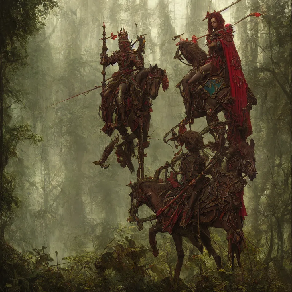Image similar to fantasy male knight red plume, center focused, matte painting, lush fairy forest, neon, concept art, schematics, gnarly details painted by tom bagshaw, norman rockwell, mucha, james gurney, high detail, denoised, sharp, architectural