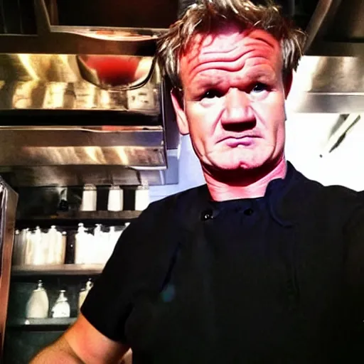 Image similar to gordon ramsey angry, selfie, phone camera, famous chef gordon ramsey, red face, mad, realistic photography