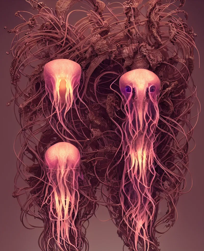 Image similar to goddess close-up portrait ram skull. jellyfish phoenix head, nautilus, orchid, skull, betta fish, bioluminiscent creatures, intricate artwork by Tooth Wu and wlop and beeple. octane render, trending on artstation, greg rutkowski very coherent symmetrical artwork. cinematic, hyper realism, high detail, octane render, 8k