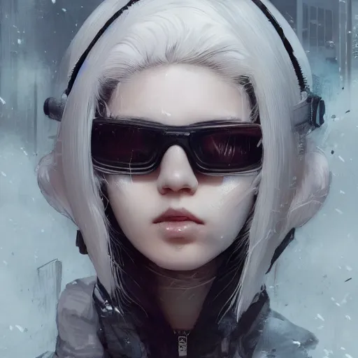 Image similar to very cool girl white hair girl with mask, streetwear, techwear, cyberpunk style outfit, full body, nose piercing, detailed portrait, intricate complexity, by greg rutkowski, artgerm, ross tran, conrad roset, takato yomamoto, ilya kuvshinov. 4 k, beautiful, cinematic dramatic atmosphere