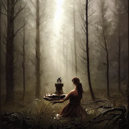 Image similar to witch performing a ritual in a dark forest painted by Greg Rutkowski, Raymond Swanland