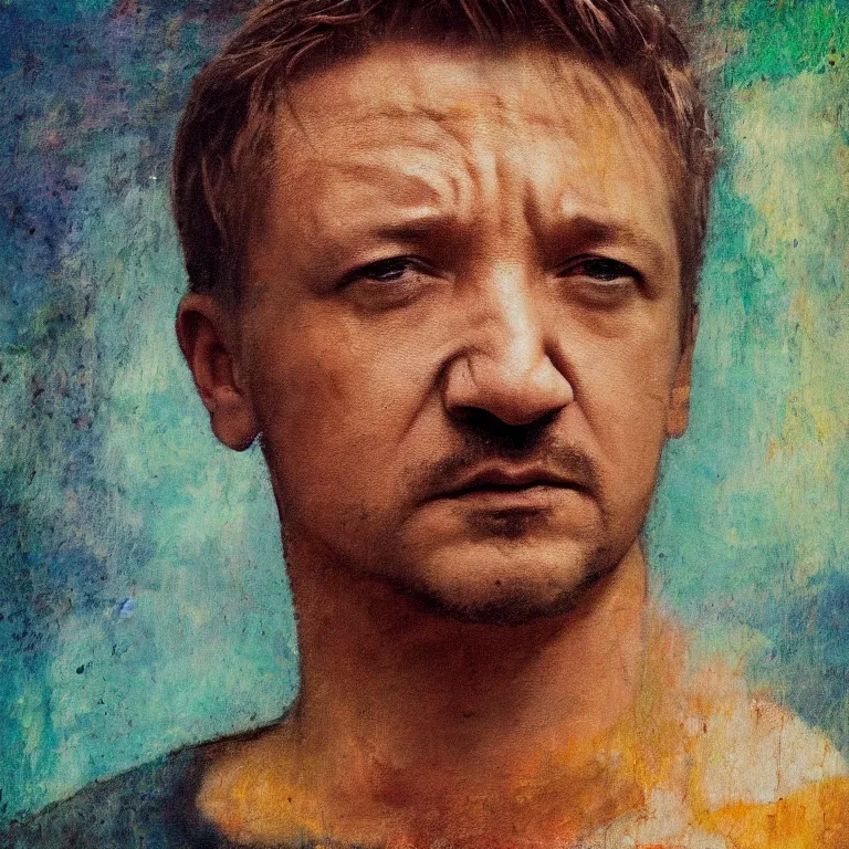 Prompt: colorfully tinted Antique tintype of Beautiful warmly lit close up expressionistic studio portrait of Jeremy Renner frowning severely, impasto oil painting heavy brushstrokes by Cy Twombly and Anselm Kiefer , trending on artstation dramatic lighting abstract Expressionism