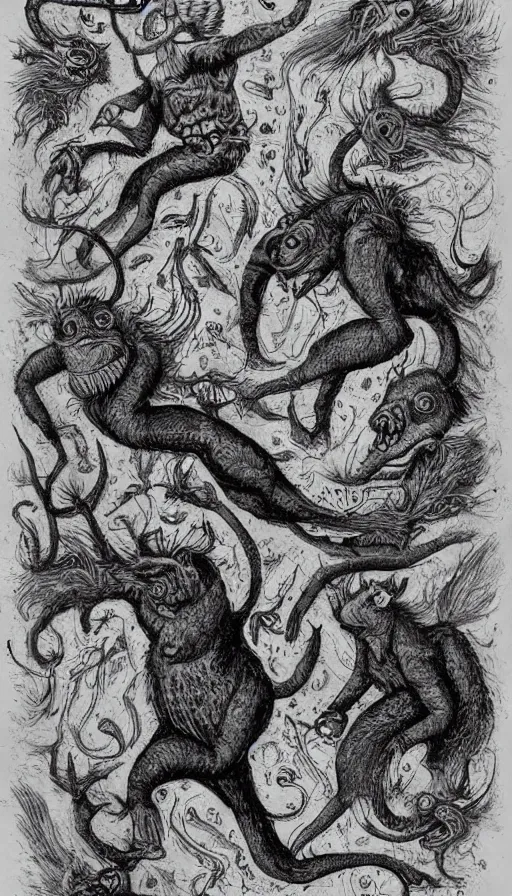 Prompt: bestiary of whimsical uncanny creatures from the depths of the unconscious psyche