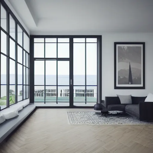 Prompt: minimalist interior design, scandinavia style, living room with window facing the sea and sun, photorealistic, ultra - detailed, 4 k high resolution, hdr shot, unreal engine rendering 4 k