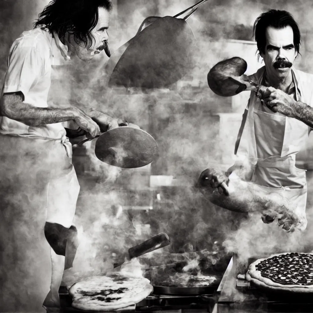 Image similar to award winning photo of nick cave baking pizza, vivid colors, happy, symmetrical face, beautiful eyes, studio lighting, wide shot art by Sally Mann & Arnold Newman