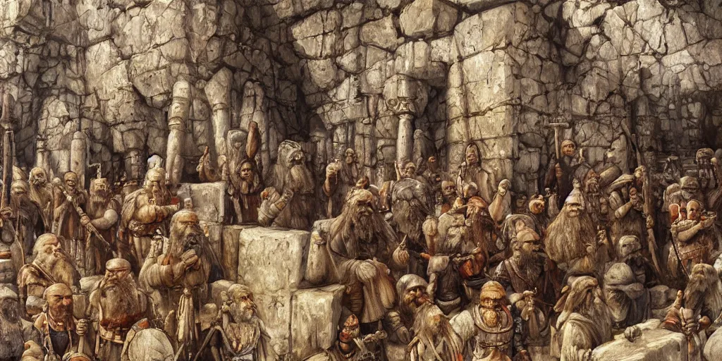 Prompt: sumerian underground city ancient dwarves, drawn by viktor vasnetsov, beautiful faces, symmetrical faces dwarven dungeons, cities of mesopotamia, moriya, oil painting, harsh fairy tale, soft style, hyperrealism, beautiful, high resolution, trending on artstation,