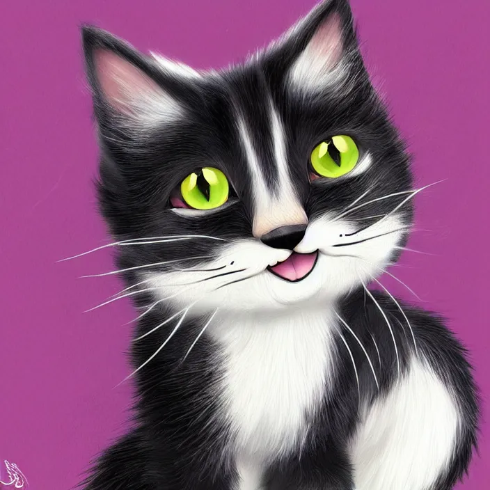 Prompt: cute cat of cheshire an adorable cat with black and blue stripes, shiny eyes and a big playful smile. award - winning digital art, trending on artstation