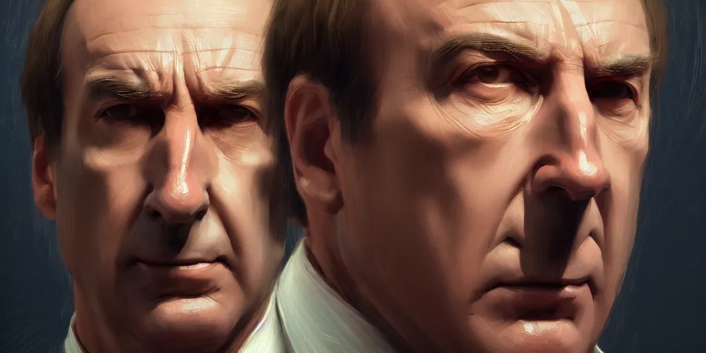 Image similar to ultra detailed facial close up of saul goodman in a lawyer suit, extremely detailed digital painting, in the style of fenghua zhong and ruan jia and jeremy lipking and peter mohrbacher, mystical colors, rim light, beautiful lighting, 8 k, stunning scene, raytracing, octane, trending on artstation